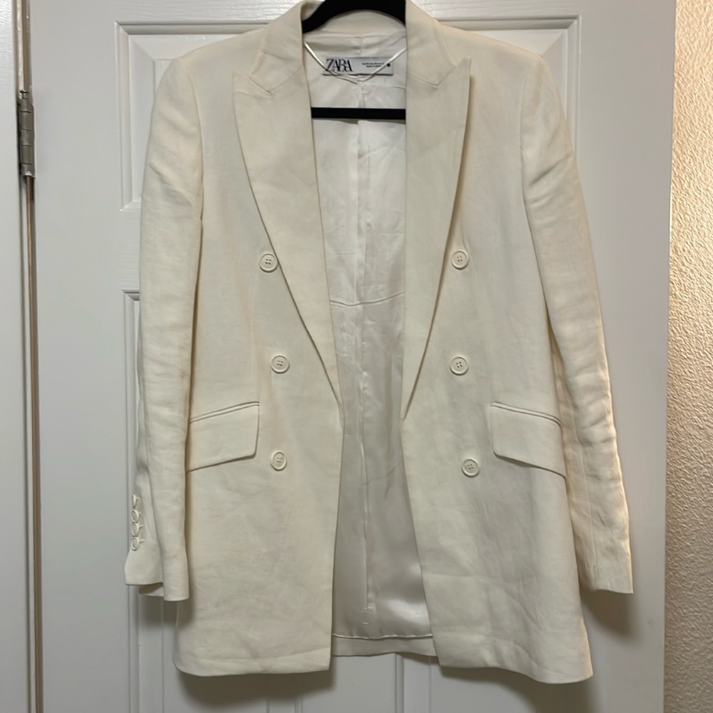 Zara Linen Blend Pocket Blazer in Oyster White